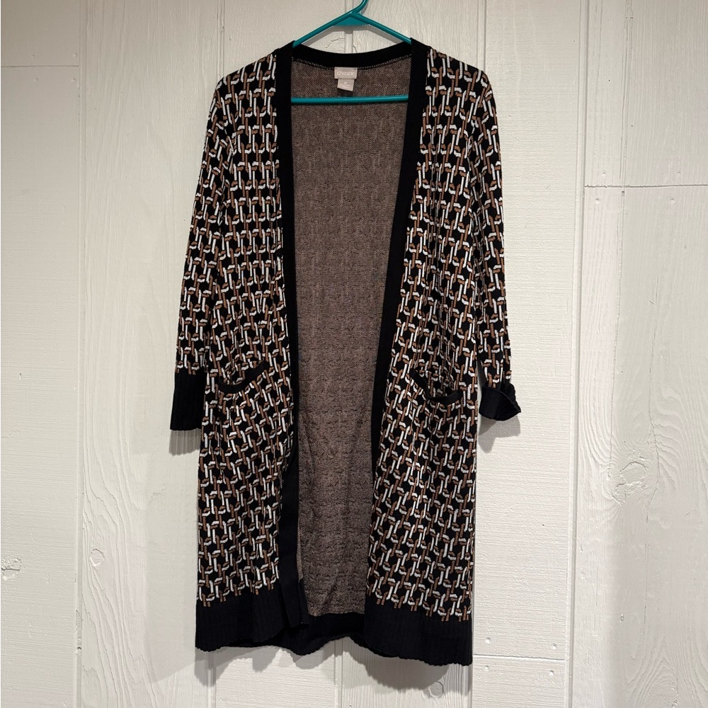 Chico's Black and Cream Geometric Cardigan